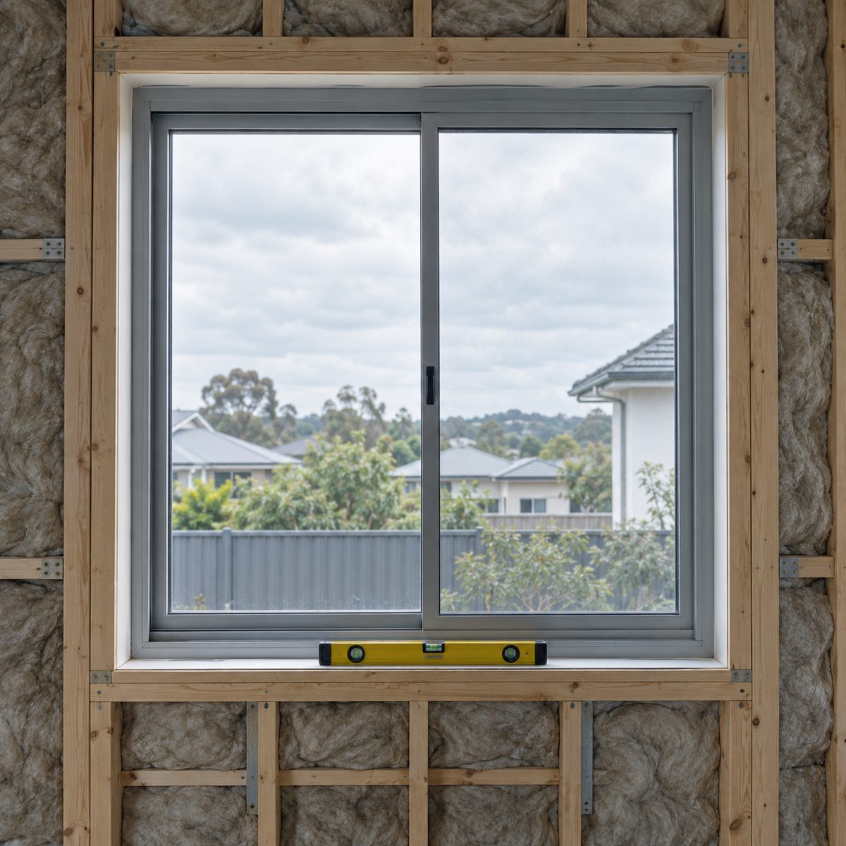 A newly installed aluminium window in a timber-framed wall, spirit level resting on the sill